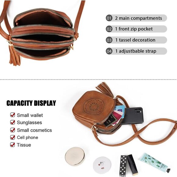 Small Crossbody Bag Faux Leather Boho Style with Tassel and Triple Zips - Picture 5 of 7